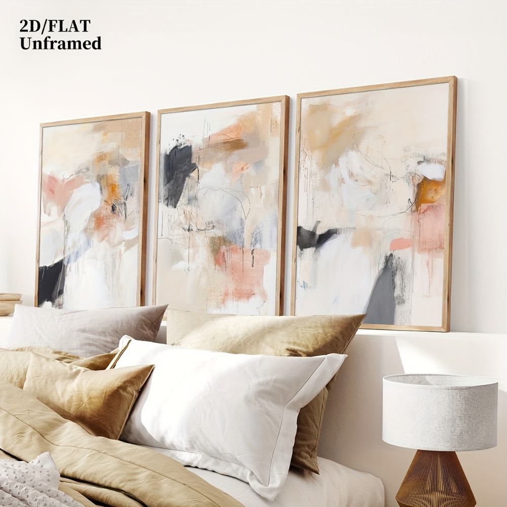 Abstract Canvas Set - 3pcs Frameless,Neutral Beige Blush Pink Abstract